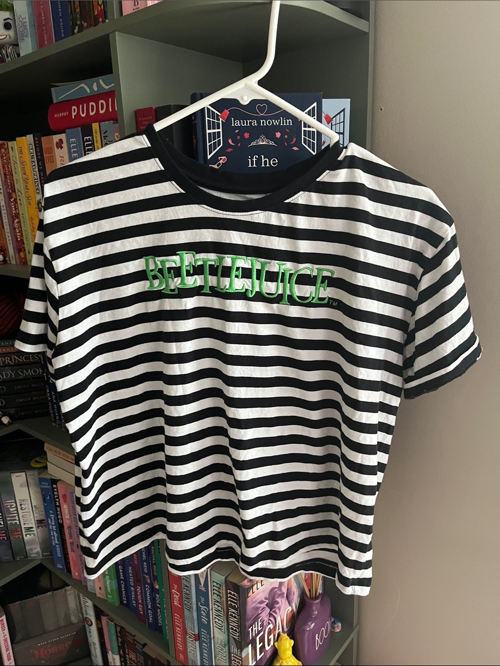 Striped Crop Top with Green Beetlejuice Logo - Black & White